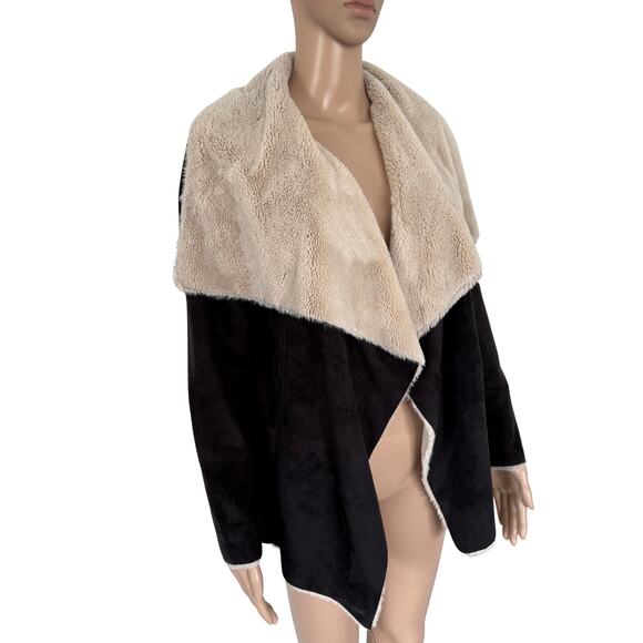 Euro Y2K Sherpa Lined Waterfall Jacket Black Beige Cozy Winter Softcore 40/M - Picture 4 of 9